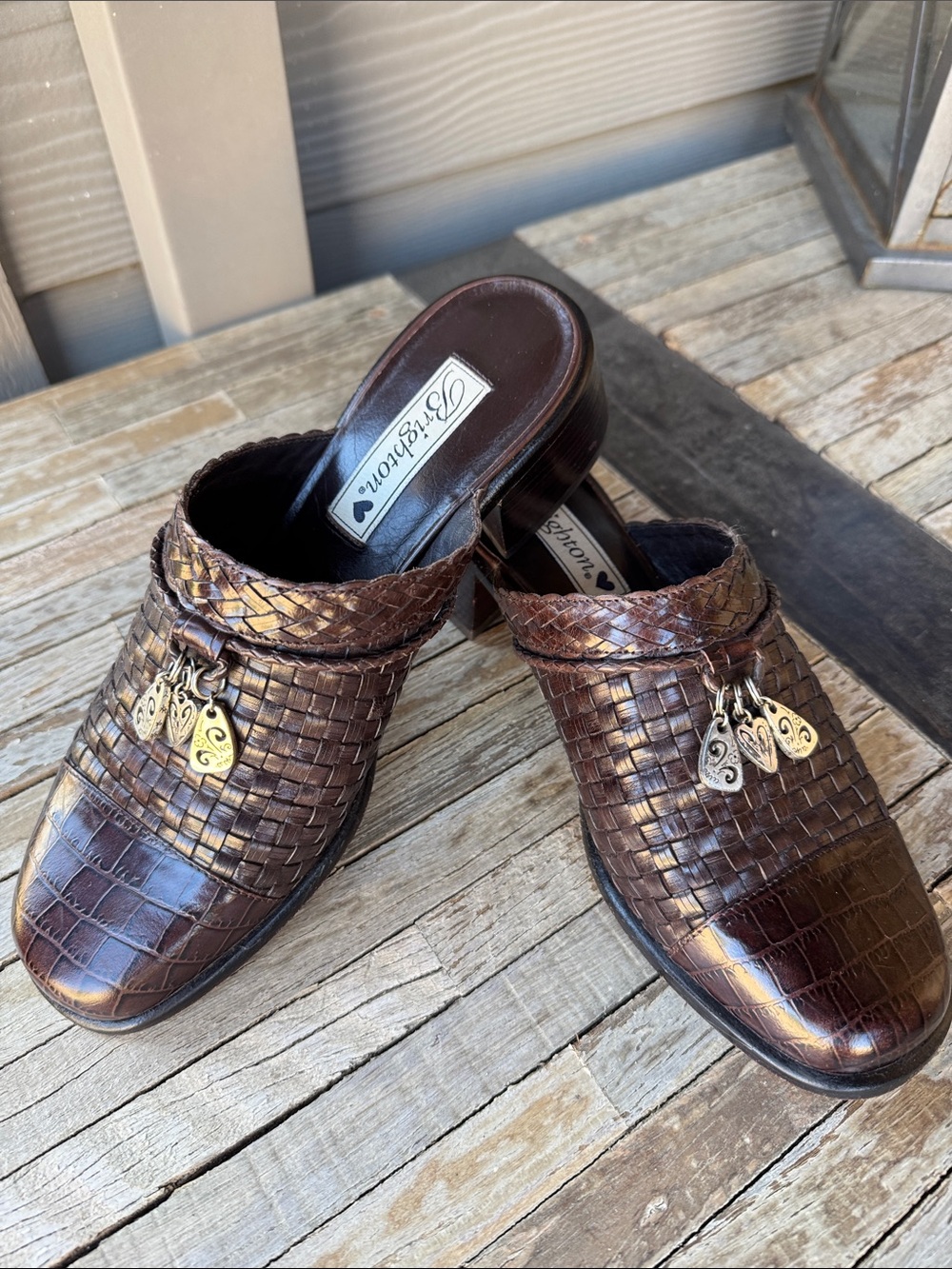 Brighton FRANKI Clog leather shoes Womens 7.5 Brown woven Tassel charms silver